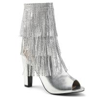 QUEEN-100 Pleaser Pink Label Peep Toe Stiefeletten Fransen Strass silber Metallic Lederlook