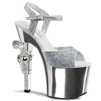 REVOLVER-709G Pleaser High-Heels Sandaletten silber Glitter Gewehrabsatz mit Strass