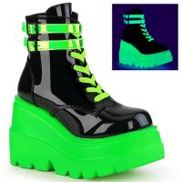 SHAKER-52 DemoniaCult vegane knöchelhohe Keil-Plateau Stiefelette schwarz Lack UV Neon grün