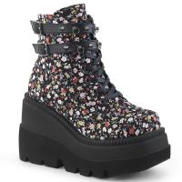 SHAKER-52ST DemoniaCult Damen knöchelhohe Gewebe-Plateau Schnür-Stiefeletten Blumenstoff