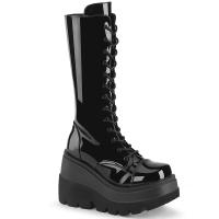 SHAKER-72 DemoniaCult vegan Damen Keil-Plateau Kniehohe Schnür-Stiefel schwarz Lack