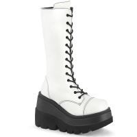 SHAKER-72 DemoniaCult vegan Damen Keil-Plateau Kniehohe Schnür-Stiefel weiß Lederoptik