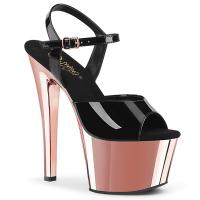 SKY-309 Pleaser high heels platform ankle strap sandal black patent rose gold chrome