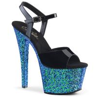 SKY-309LG Pleaser high heels platform ankle strap sandal black patent blue glitter