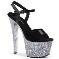 SKY-309LG Pleaser High-Heels Plateausandaletten schwarz Lack silber Multiglitter