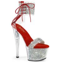 SKY-327RSI Pleaser vegane High Heels Plateausandaletten rot silber Multi Strass