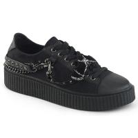 SNEEKER-112 Demonia Unisex Creeper Schuhe Ketten Fledermaus schwarz Canvas Lederlook