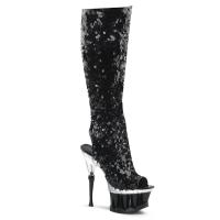 SPIKY-2019 Pleaser high heels peep toe knee boot black sequins shark teeth