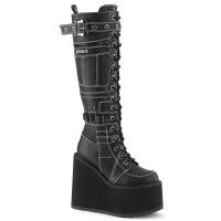 SWING-260 DemoniaCult vegan wedge platform knee high boot contrast stiching black matte