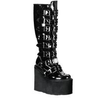 SWING-815 DemoniaCult wedge platform boots black patent 16 buckles