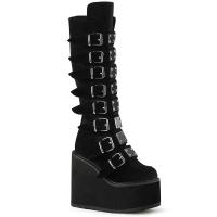 SWING-815 DemoniaCult wedge platform boots black velvet 16 buckles