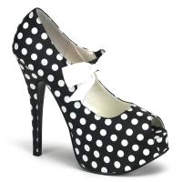 TEEZE-25 Bordello Damen High Heels Peep Toe Pumps schwarz Satin weiße Punkte
