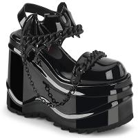 WAVE-20 DemoniaCult wedge platform bat ankle strap sandal moon chain black patent