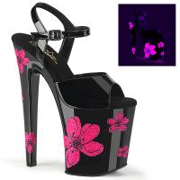 XTREME-809HB Pleaser hig heels ankle strap sandal neon pink glitter hibiscus flower black