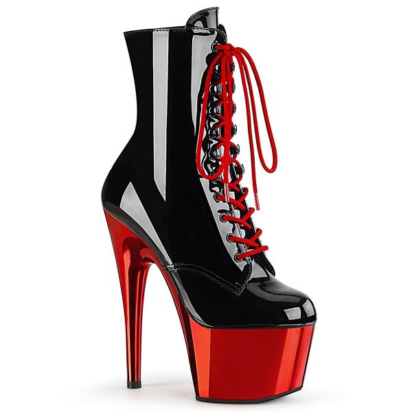 ADORE-1020 Pleaser high heels platform lace-up ankle boot black patent red chrome