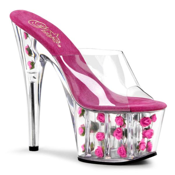 ADORE-701FL Pleaser High-Heels Pantoletten klar hotpink Blumen im Plateau