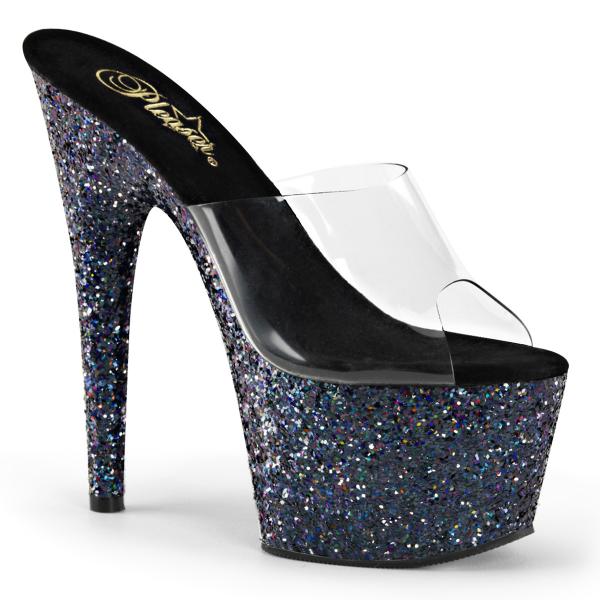 ADORE-701LG Pleaser High-Heels Plateaupantoletten klar schwarz Hologlitter