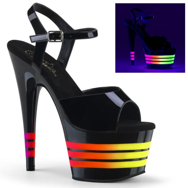 ADORE-709UVLN Pleaser high heels platform ankle strap sandal black uv multicolor lines