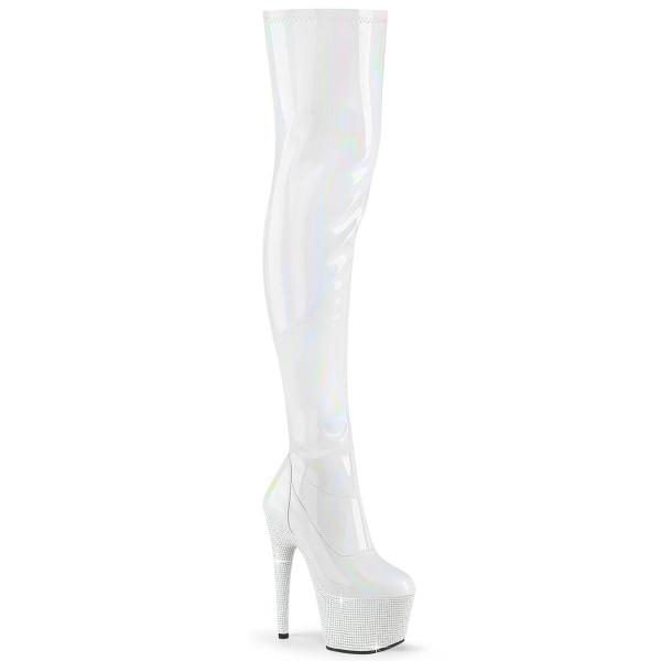 BEJEWELED-3000-7 Pleaser thigh high heels platform boot rhinestones white holo patent