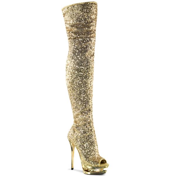 BLONDIE-3011 Pleaser high heels dual platform open toe thigh boot gold chrome sequins rhinestones