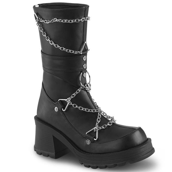 BRATTY-120 DemoniaCult vegan Damen wadenhohe Stiefel Ketten Nieten schwarz Lederoptik