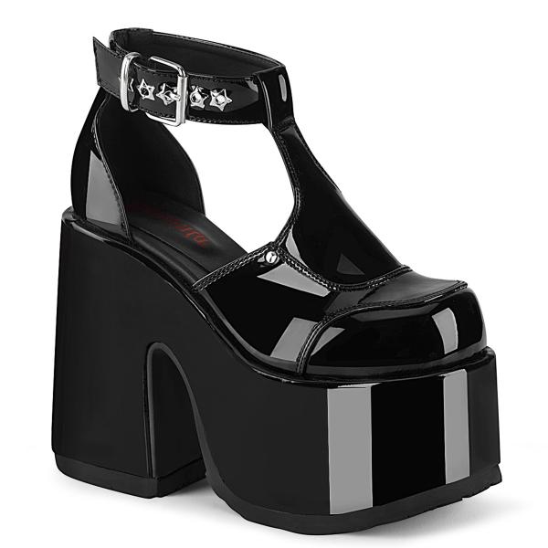 CAMEL-103 Demonia platform t-strap sandal black patent with star eyelets