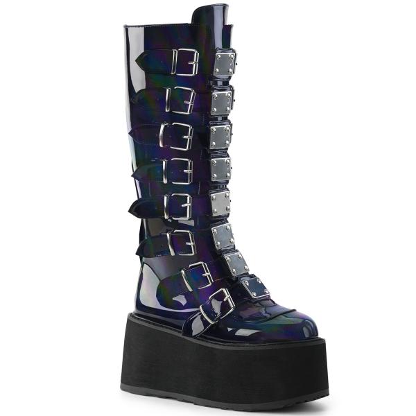 DAMNED-318 DemoniaCult platform knee high boot black hologram 8 buckle straps metal plates