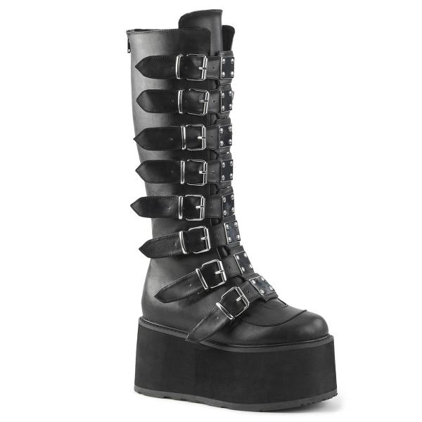 DAMNED-318 DemoniaCult platform knee high boot black vegan leather 8 buckle straps metal plat