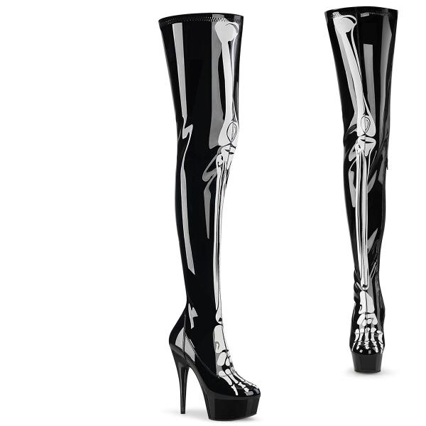 DELIGHT-3000BONE Pleaser platform stretch over knee high boot bone print black stretch patent