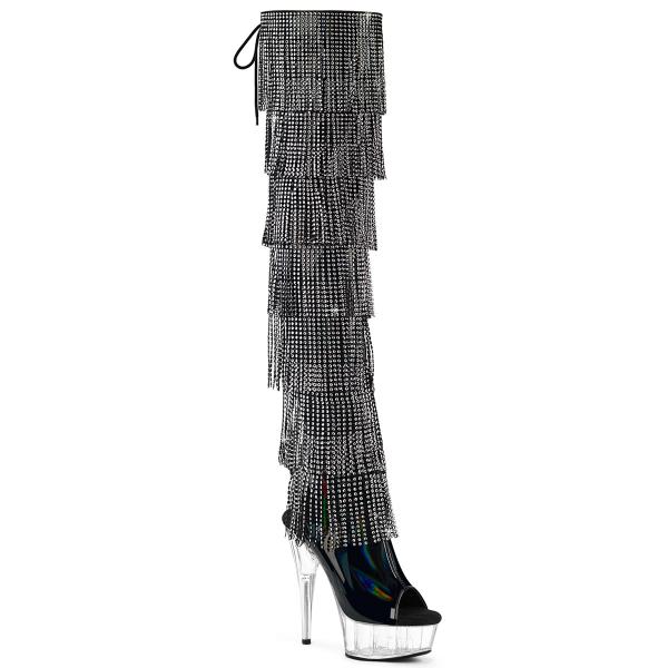 DELIGHT-3017HG-RSF Pleaser High Heels Plateauoverkneestiefel schwarz Holo Strass Fransen