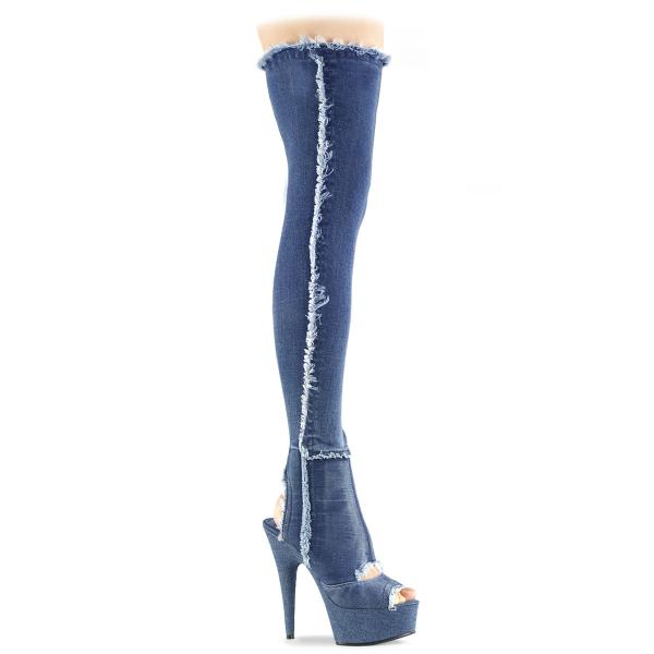 DELIGHT-3030 Pleaser High Heels Peep Toe Overkneestiefel denim blau Jeansstoff