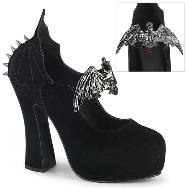 DEMON-18 Pleaser slip-on mary jane pumps spike bat wing detail black velvet - Schuh-GroÃhandel 