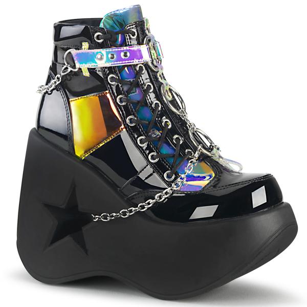 DYNAMITE-101 DemoniaCult platform lace-up ankle boot black patent magic mirror