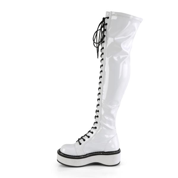 EMILY-375 DemoniaCult platform tigh high lace-up boots white black stretch patent
