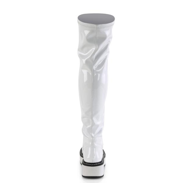EMILY-375 DemoniaCult platform tigh high lace-up boots white black stretch patent