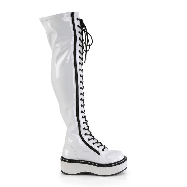 EMILY-375 DemoniaCult platform tigh high lace-up boots white black stretch patent