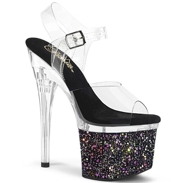ESTEEM-708LG Pleaser ladies platform ankle strap high heels sandal clear black multi glitter