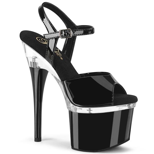 ESTEEM-709 Pleaser high heels platform ankle straps sandal black patent clear microfiber insole