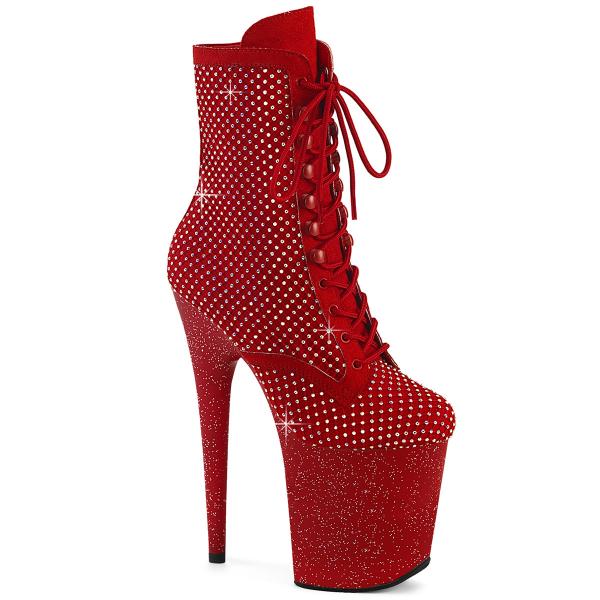 FLAMINGO-1020RM Pleaser High Heels Plateaustiefeletten rot Samt Strass Gewebenetz