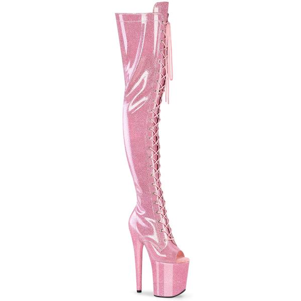 FLAMINGO-3021GP Pleaser High Heels Peep Toe Plateauoverkneestiefel babypink Glitter Lack