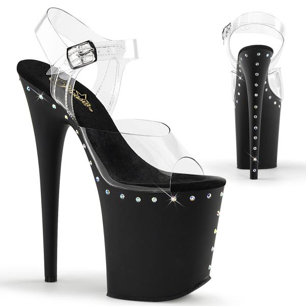 FLAMINGO-808ABLS Pleaser High-Heels Plateau Sandaletten klar schwarz mit Strassreihen