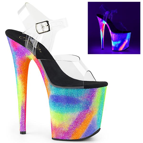 FLAMINGO-808GXY Pleaser High-Heels Plateausandaletten klar Neon Galaxy Glitter