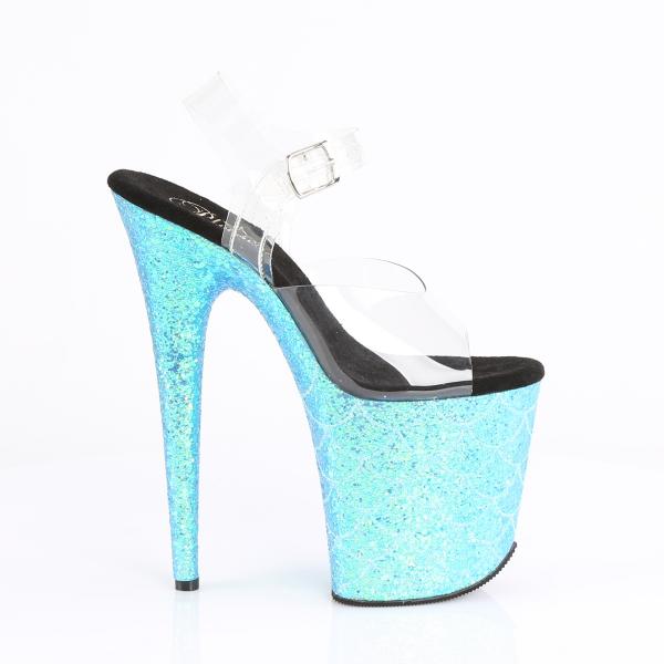 FLAMINGO-808MSLG Pleaser High-Heels Plateau Sandaletten klar aqua multiglitter