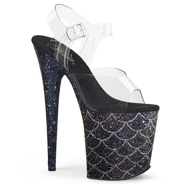 FLAMINGO-808MSLG Pleaser High-Heels Plateau Sandaletten klar schwarz multiglitter