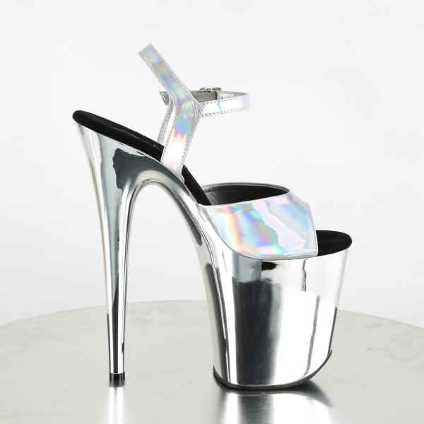 FLAMINGO-809HG vegan Pleaser high heels ankle strap sandal silver hologram chrome