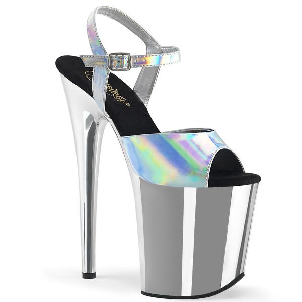FLAMINGO-809HG vegan Pleaser high heels ankle strap sandal silver hologram chrome