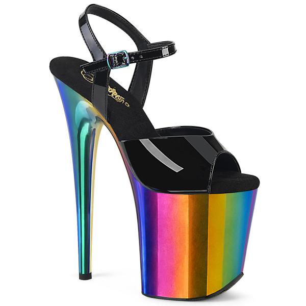 FLAMINGO-809RC Pleaser vegane Damen High Heels Sandaletten schwarz Lack Regenbogen Chrom