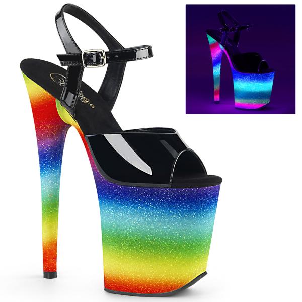 FLAMINGO-809WR Pleaser high heels ankle strap sandal black patent uv reactive rainbow glitter