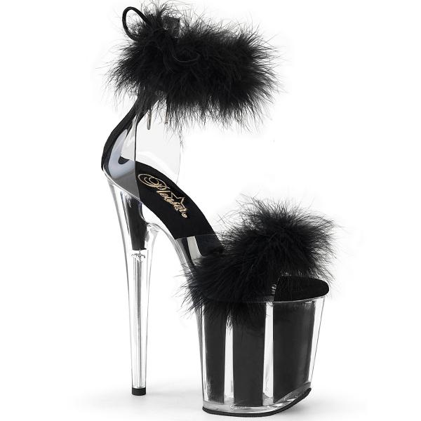 FLAMINGO-824F Pleaser Damen Manschetten Plateausandaletten Marabou schwarz Kunstfell klar