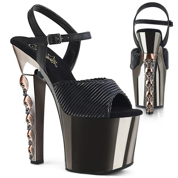 HEX-709 Pleaser High-Heels Plateausandaletten schwarz zinn chrom fünf Totenköpfe